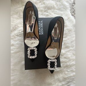 Badgley Mischka black stilettos with rhinestone buckle